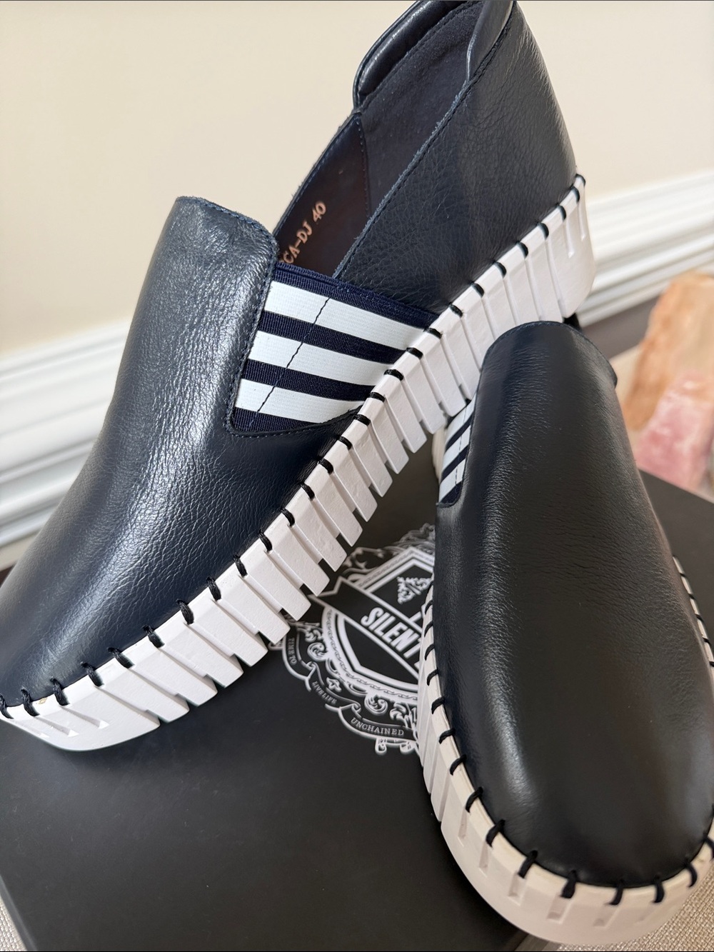 Silent D Women’s  Navy Slip-On Leather Platform Sneakers - White Sole - Picture 2 of 12